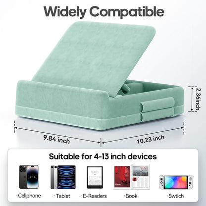 KDD Tablet Pillow Stand with Storage, Foldable iPad Holder for Bed, Lap and Desk, Angle Adjustable Soft Pad Dock with Stylus Mount Compatible with Ipad Pro 12.9, 10.5, 11, Air, Mini, Phones, Books