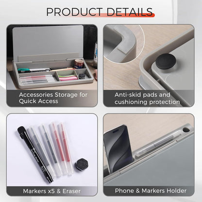 TOWON Small Compact Glass Desktop Whiteboard with Storage – 12 x 7 in Dry Erase Board for Desk, Home Office, School | Includes 5 Markers, Eraser & Holder | Space-Saving Organizer, Aesthetic Rose Gold