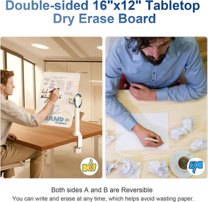 Double-Sided Clamp-On Desk Whiteboard, 360° Swivel Desktop Dry Erase Board for Office & Home Study, Fits Desks Under 2.3" Thick, Space Saving Memo Board (16" x 12") with Markers(1pc)