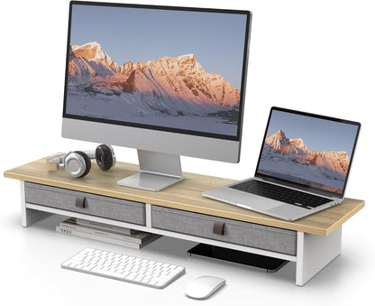 Fenge Monitor Stand with Drawer, 2 Tiers Dual Monitor Riser for Desk, 35 Inch Computer Stand for 2 Monitors, Desk Shelf for Home, Office, Laptop, PC, TV, Printer