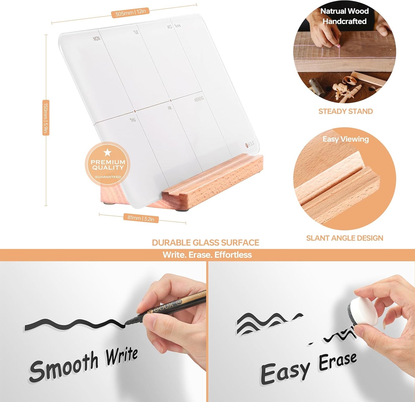 Desktop Glass Weekly Planner Whiteboard with Detachable Wood Stand,Small Portable Dry Erase Calendar to Do List White Board 12x6 for Office, Home, Schools, Marker&Eraser Included, Yeoux