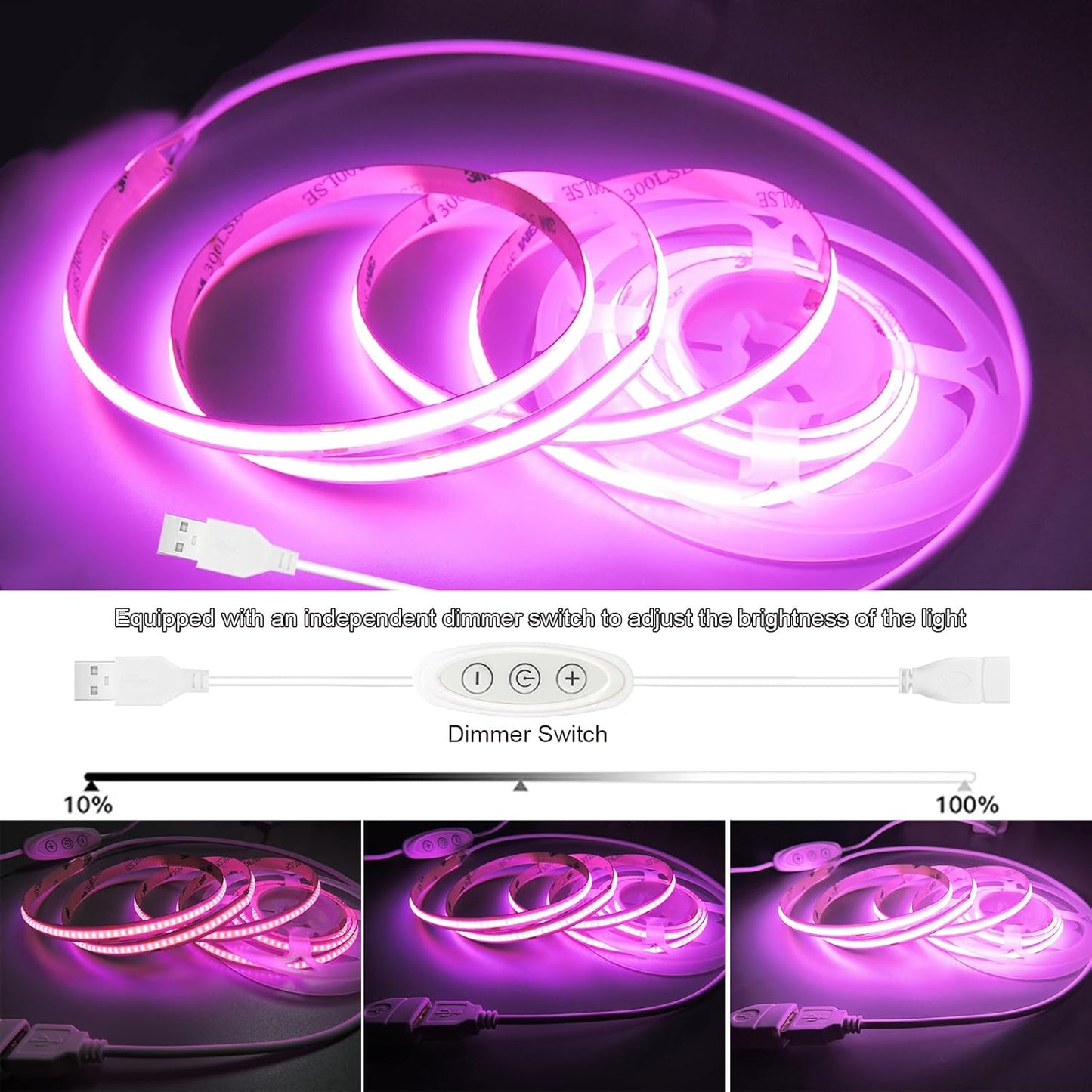 USB Light Strip Warm White 3000K CRI 92+ Small Dimmable COB LED Strip Light Cuttable 5V USB Powered 6 ft 10W for TV Backlight Cabinet Bedroom Indoor DIY Lighting Project