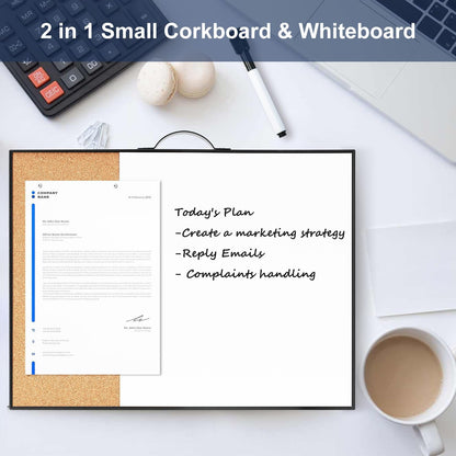 TSJ OFFICE Small Whiteboard Cork-Board - 16" X 12" Portable Aluminum Black Framed Magnetic Dry Erase Board, Small Bulletin Cork Board with Holder for Office, Home and School