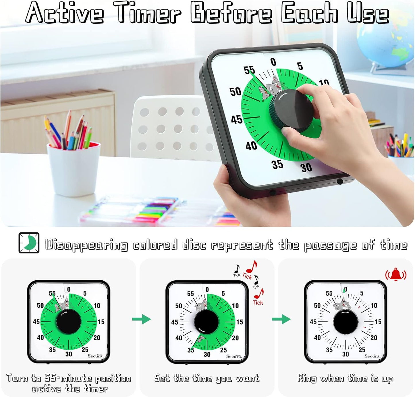 Secura Home 60-Minute Visual Timer, 7.5 Inch Oversize Countdown Timer Clock for Kids and Adults, Durable Mechanical Time Management Tool with Magnetic Backing （Dark Green）