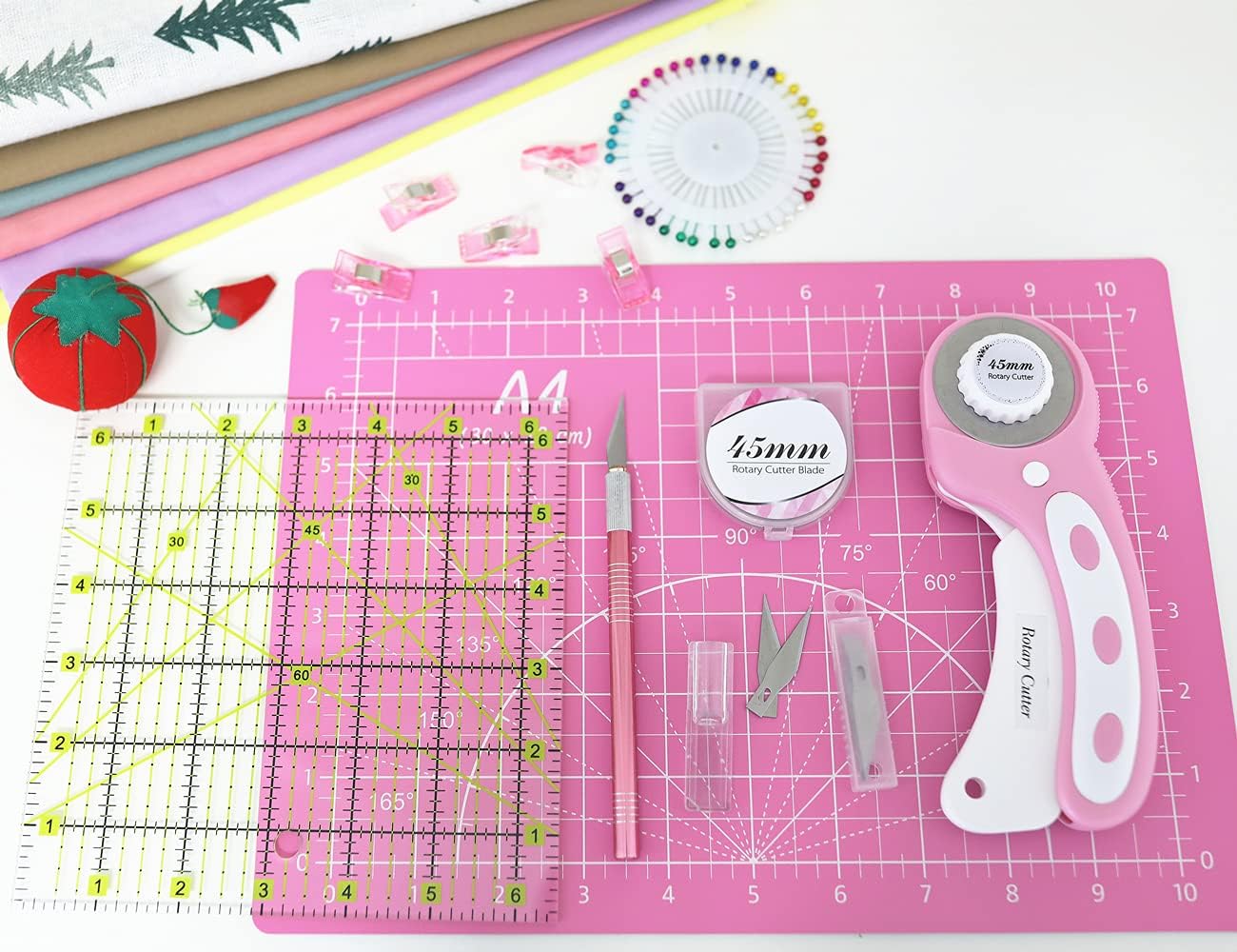 Headley Tools Rotary Cutter Set - 45mm Fabric Cutter, 5 Extra Rotary Blades, A3 Cutting Mat, Quilting Ruler and Sewing Clips, Craft Knife Set, Ideal for Crafting, Sewing, Patchworking, Purple