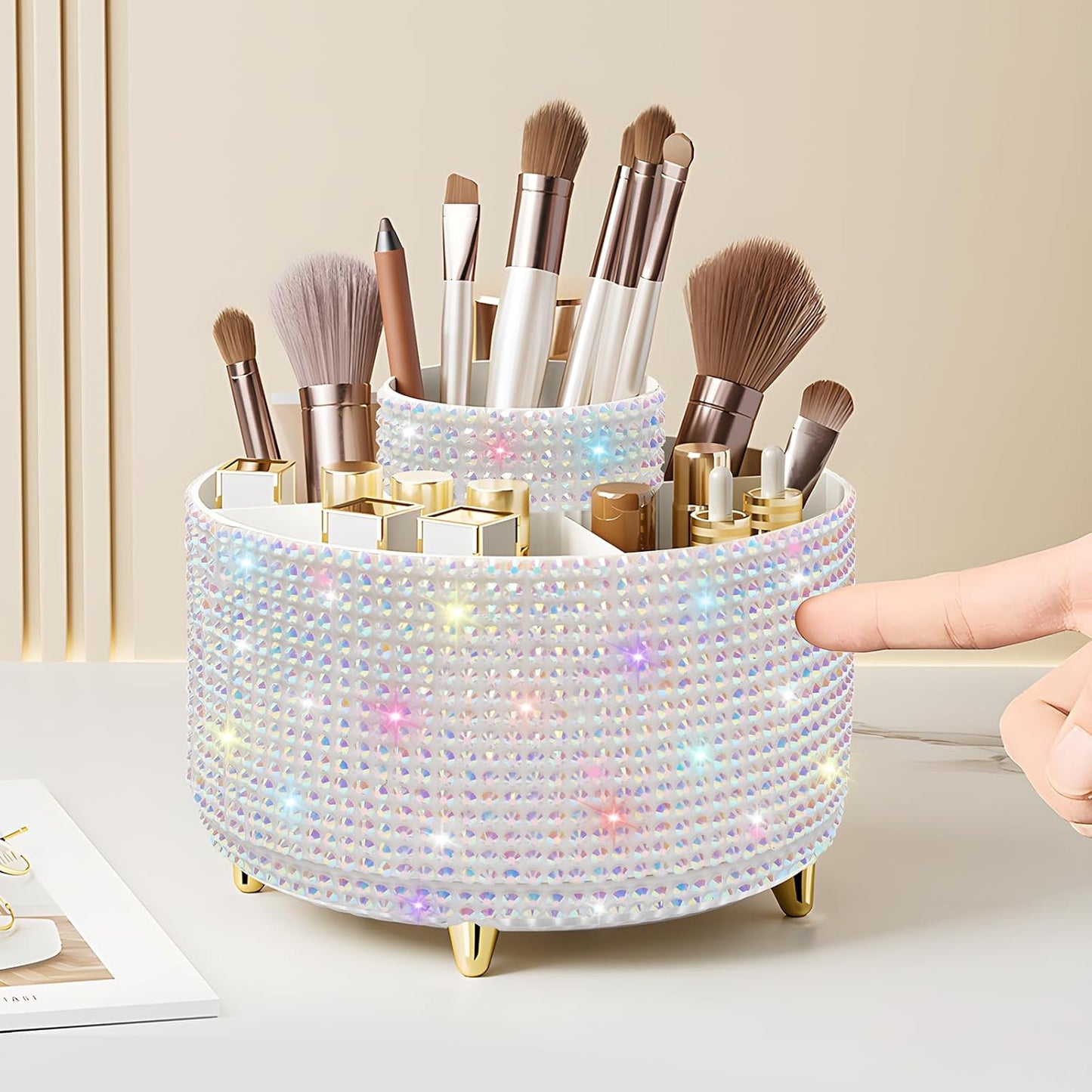 Diesisa Makeup Brush Holder Organizer,360° Rotating Makeup Brush Organizer,5 Slot Make up Brushes Cup for Cosmetics, Nail Polish, Art Supply, Bathroom Vanity Desktop Organizer - White