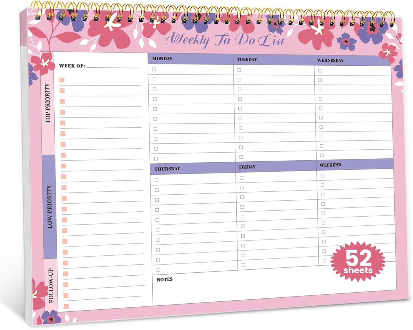 Weekly To Do List Notepad with 52 Undated Sheets（8.5"×11"）- Undated Weekly Planner Notepad for Office Desk Accessories and Supplies - Midnight Lilac