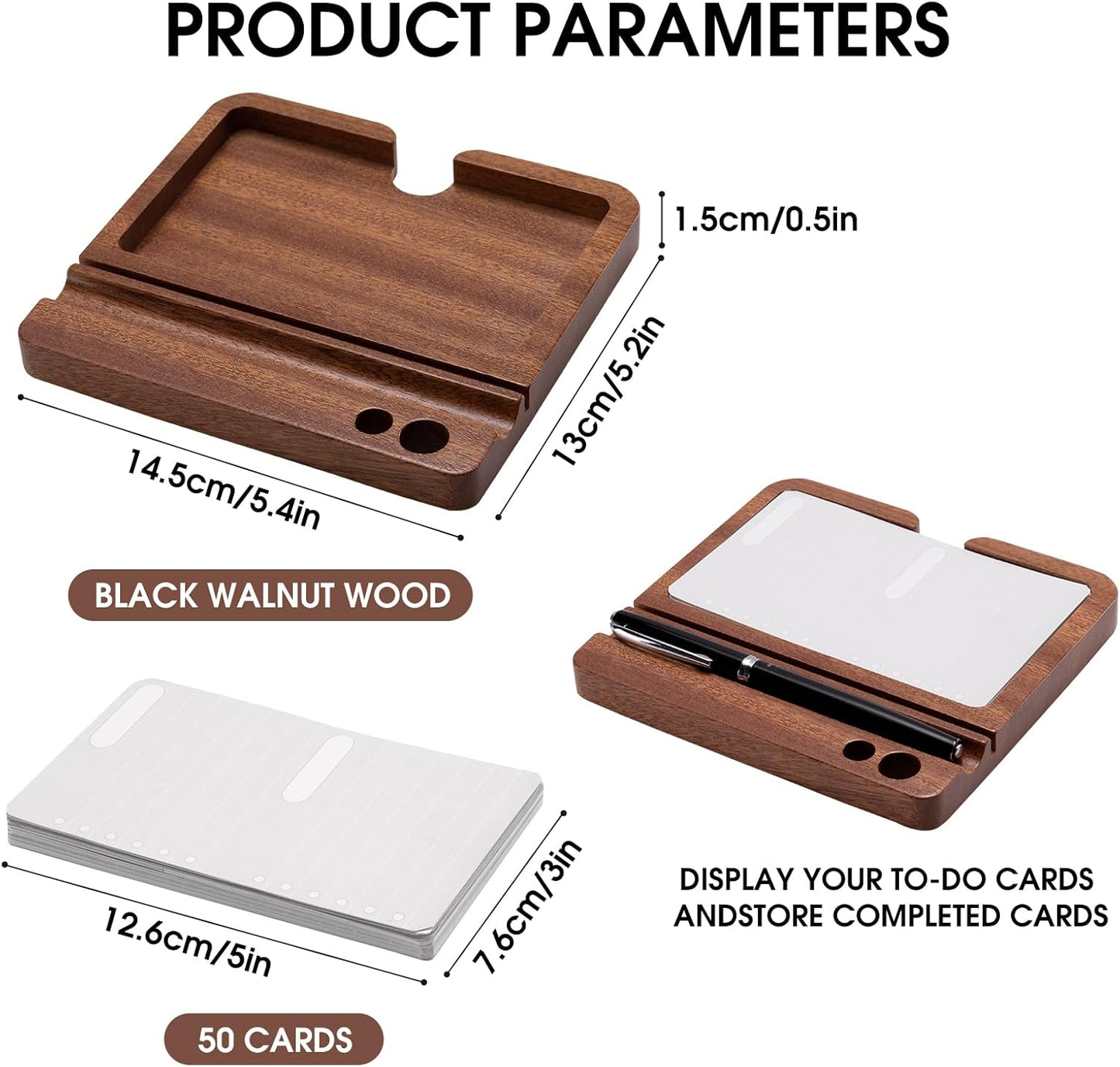 Daily To Do List Planner, Daily ToDo Checklist Cards and black Walnut Stand,50 Checklist Cards-Perfect NotePads for Work Desk or School，Productivity System Planners Notebook for Office Accessories