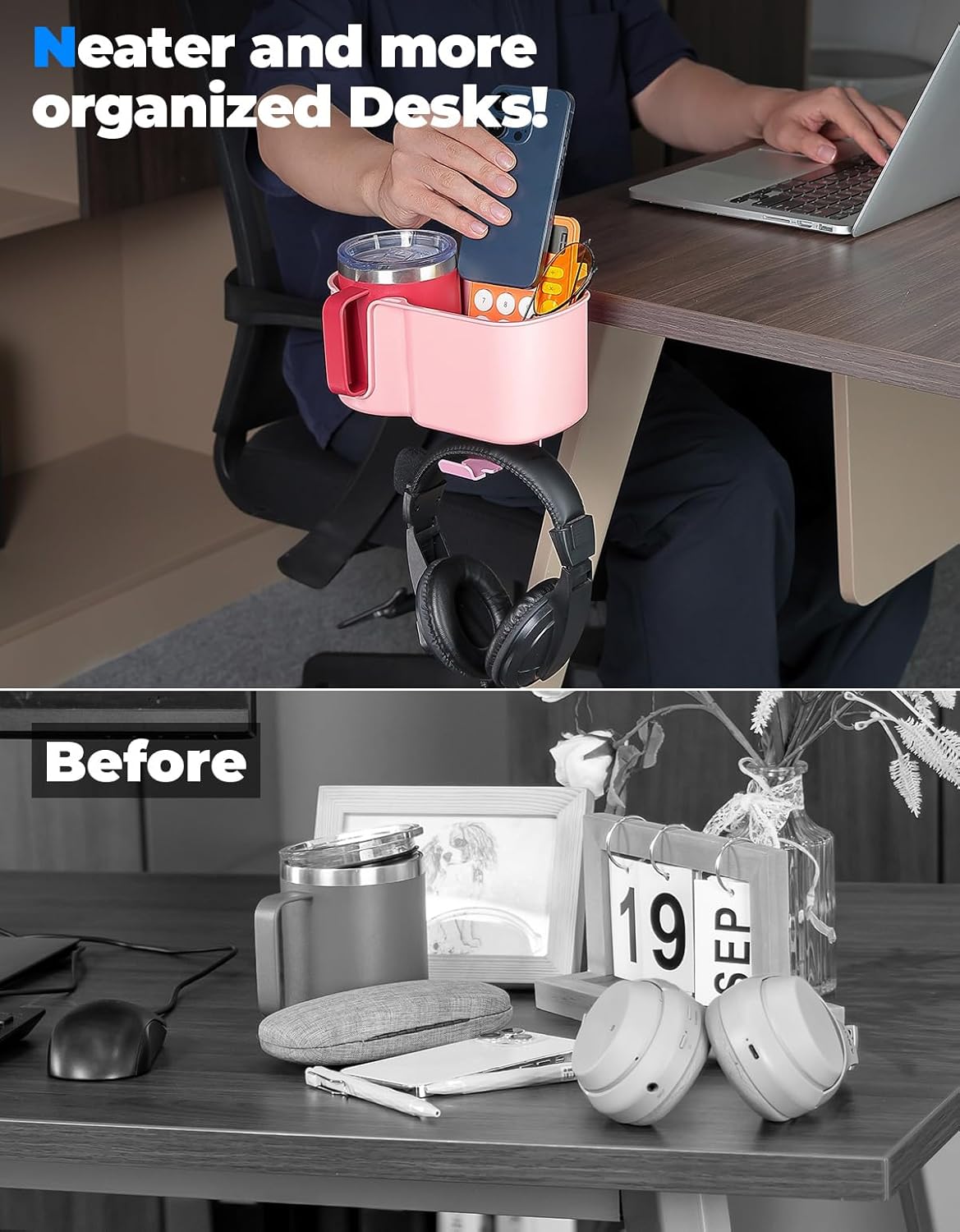 KEMIMOTO Desk Cup Holder with Headphone Hanger, 2 in 1 Caddy Organizer for Office Table, Lawn Chair, Golf Cart, Pontoon Boat, Fit for Most 18-32 oz Bottles (1)