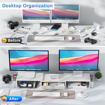 gianotter Dual Monitor Stand Riser, Desk Organizer With Drawer and 2 Pen Holders,Computer Monitor Stand, Desk Shelf for Top of Desk, Wood