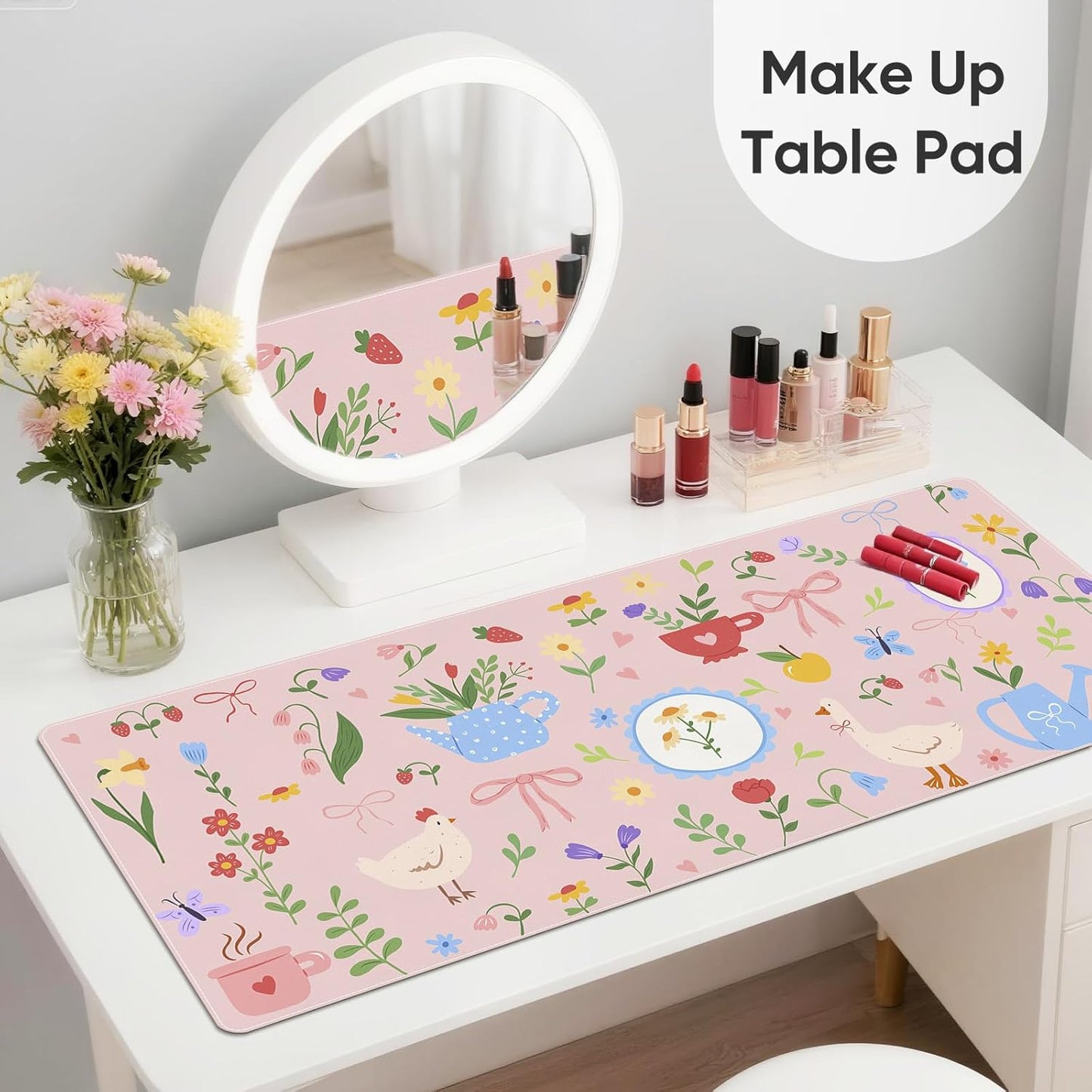 Pink Desk Mat, Leather Desk Pad Blotter Protector, XXL Large Mouse Pad,Computer Laptop Mouse Pads for Desktop,Waterproof Writing Anti-Slip Mousepad for Office and Home I Colorful Stickers