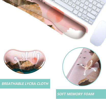 Keyboard Wrist Rest Mouse Wrist Support Set, Memory Foam Wrist Rest Pad for Computer Laptop Keyboard Mouse, Ergonomic Wrist Cushion Support for Typing Pain Relief, Gaming Home Office, Flowers Grass