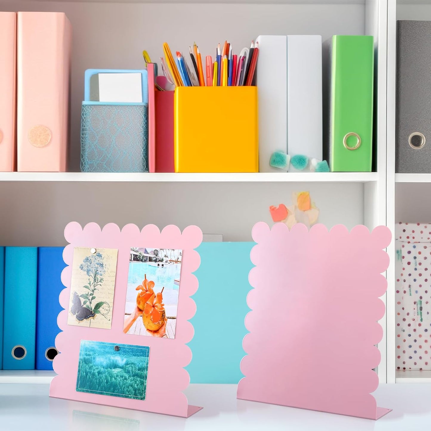 Gueevin 2 Pcs Magnet Board Standing Magnetic Metal Board for Desk and Wall Scalloped Magnetic Display Stand for Memos Photos and Documents Home Office School Desk Storage Decoration(White,Medium)