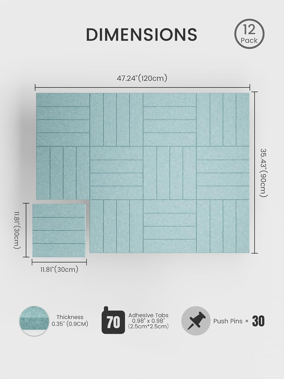 Bumusty Large Cork Board Alternative-48 x 36" Felt Bulletin Board Tiles, with 30 Pushpins, 70 Adhesive Tabs, Bold-Stripe 12-Pack, Cork Boards for Office Push Pin Board Felt Board-Carbon Blue