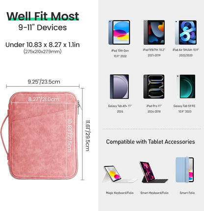 DTTO 9-11 Inch Tablet Sleeve Bag for iPad A16, iPad Air 11-inch M3 M2 / Air 5/4th Gen 10.9", iPad Pro 11 M4, iPad 10/9/8/7th Gen, Galaxy Tab A9+, Waterproof Travel Bag, Pink