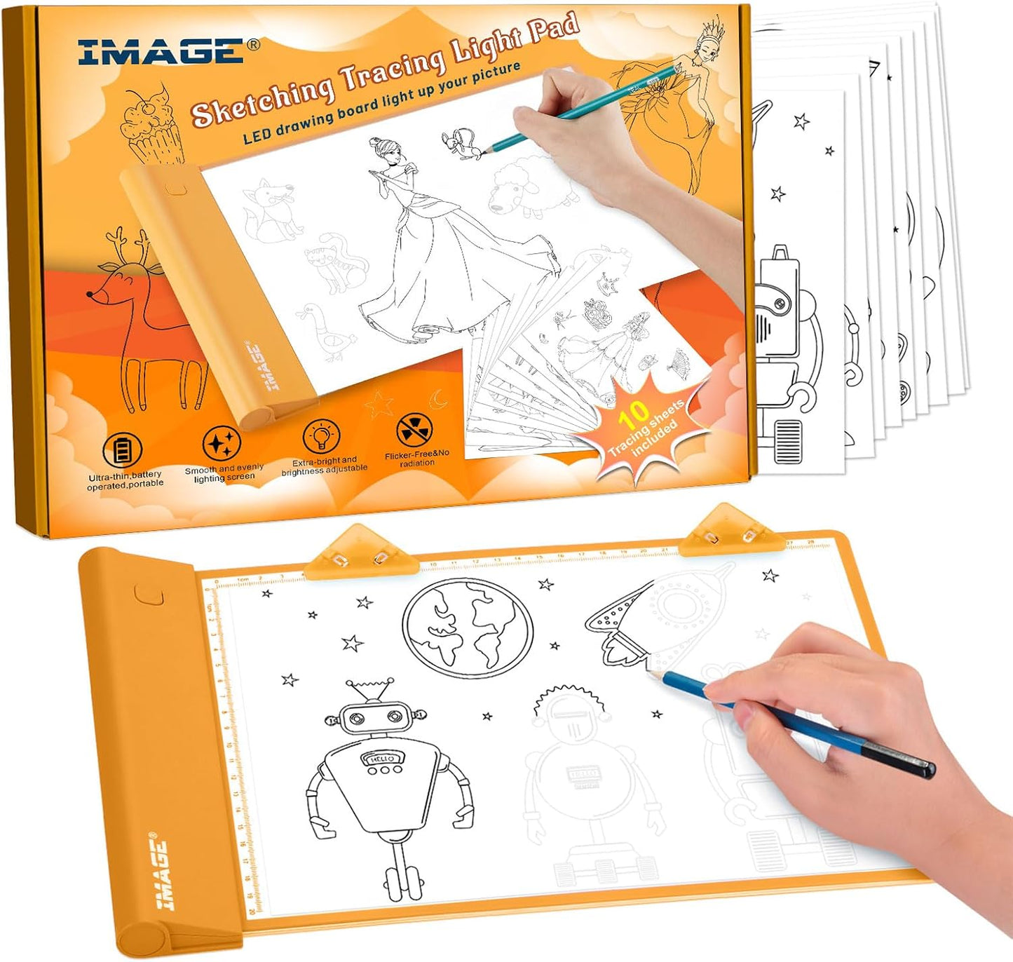 IMAGE Light Up Tracing Pad Pink Drawing Tablet Coloring Board for Kids Children to for Girls Boy (Includes 10 Traceable Sheets and Two Clips)