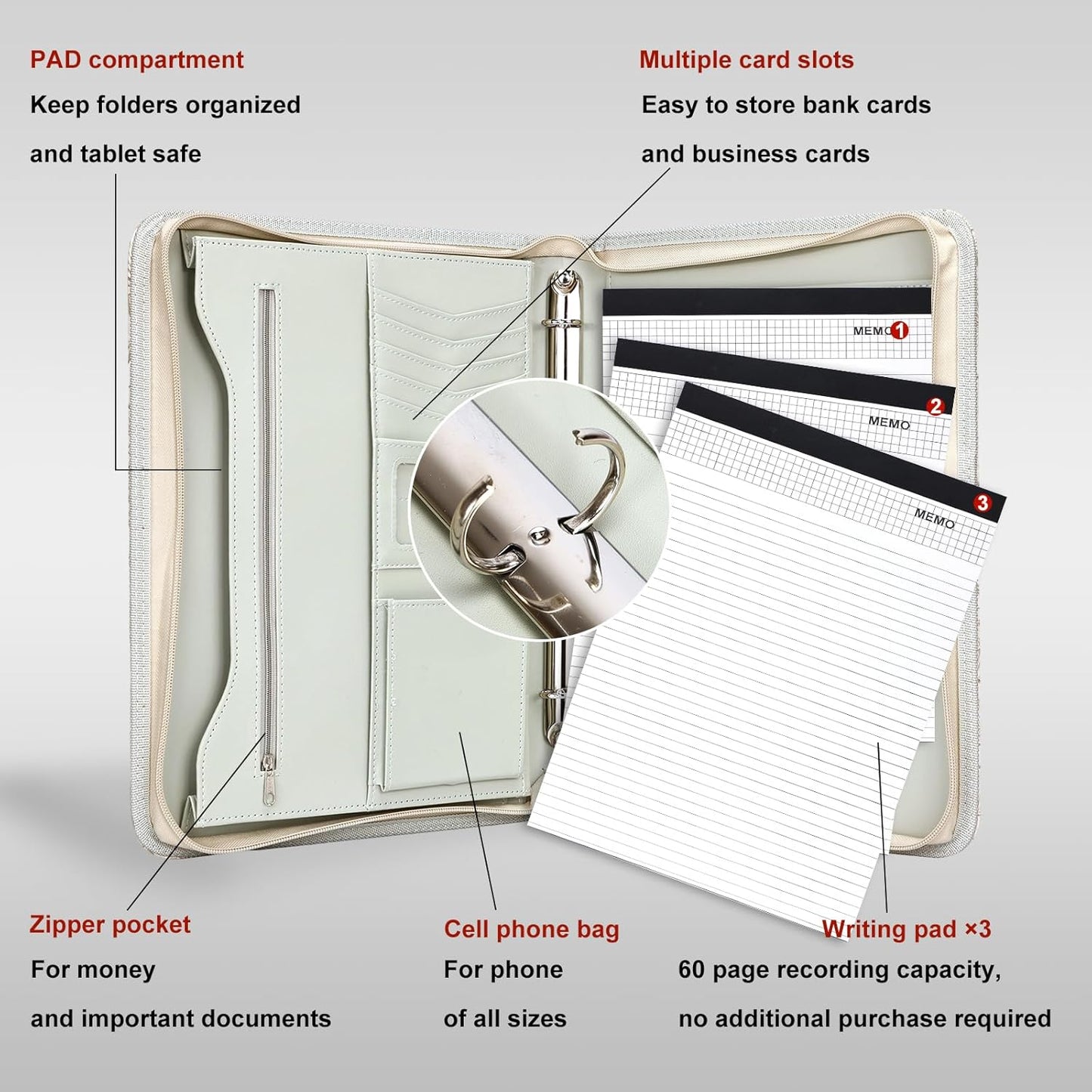 Leathario Portfolio Binder, Includes 10 Sheet Protectors and 3 Notepads, 3-Ring Folder Organizer, A4 Padfolio with Zipper, Vegan Leather Tablet Sleeve, Business Office Conference Clipboards