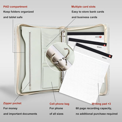 Leathario Portfolio Binder, Includes 10 Sheet Protectors and 3 Notepads, 3-Ring Folder Organizer, A4 Padfolio with Zipper, Vegan Leather Tablet Sleeve, Business Office Conference Clipboards
