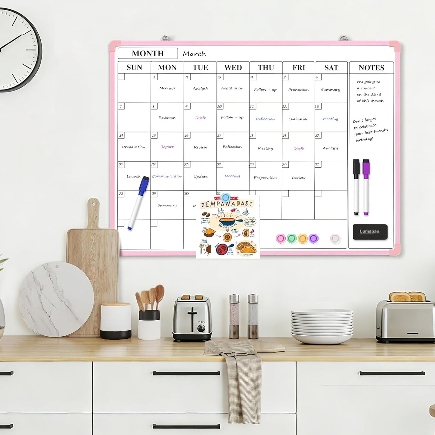 Monthly Whiteboard Calendar for Wall, Small 16" x 12" Dry Erase Board with Plastic Frame, Hanging Dry Erase Calendar with 3 Mini Sticky Notes for Kitchen Planner, Memo, Home and Office