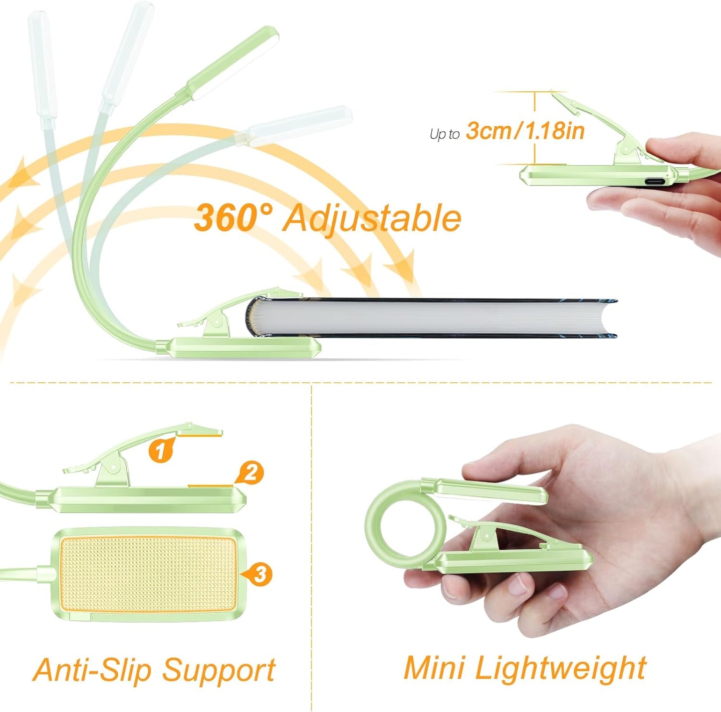 Gritin 9 LED Rechargeable Book Light for Reading in Bed - Eye Caring 3 Color Temperatures,Stepless Dimming Brightness,80 Hrs Runtime Small Lightweight Clip On Book Reading Light for Studying