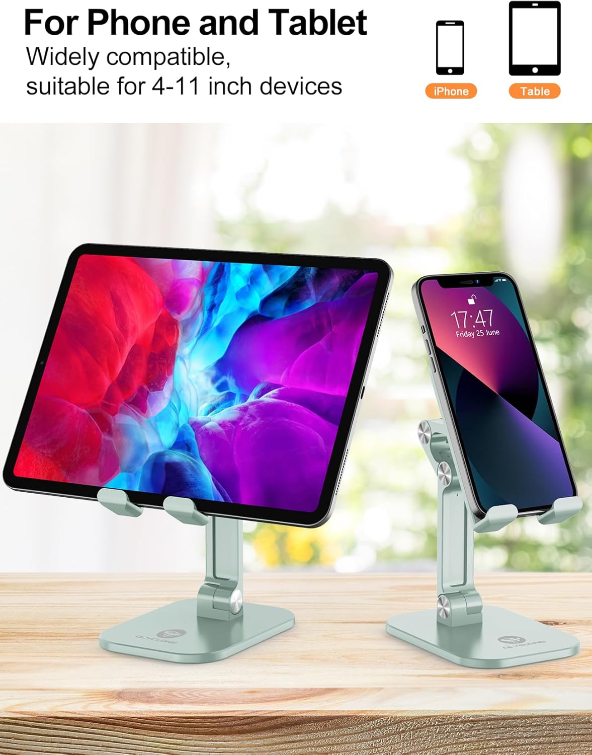 OCYCLONE Phone Stand, Cell Phone Stand Holder for Desk Office Accessories Adjustable Height and Angle Foldable iPhone Stand Compatible with 4"-13" All Phones iPad Tablet - Black