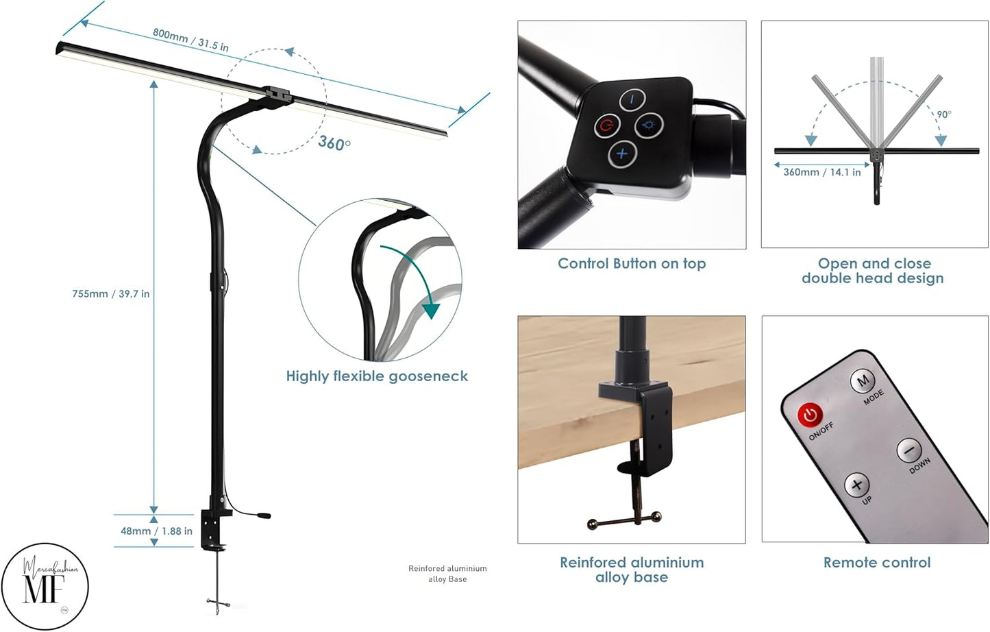 LED Desk Lamp with Clamp, Dimmable Clip On Light, Eye-Caring Gooseneck Task Lamp for Home Office, Study, Reading & Workbench, Adjustable Lighting for Small Desk – Black