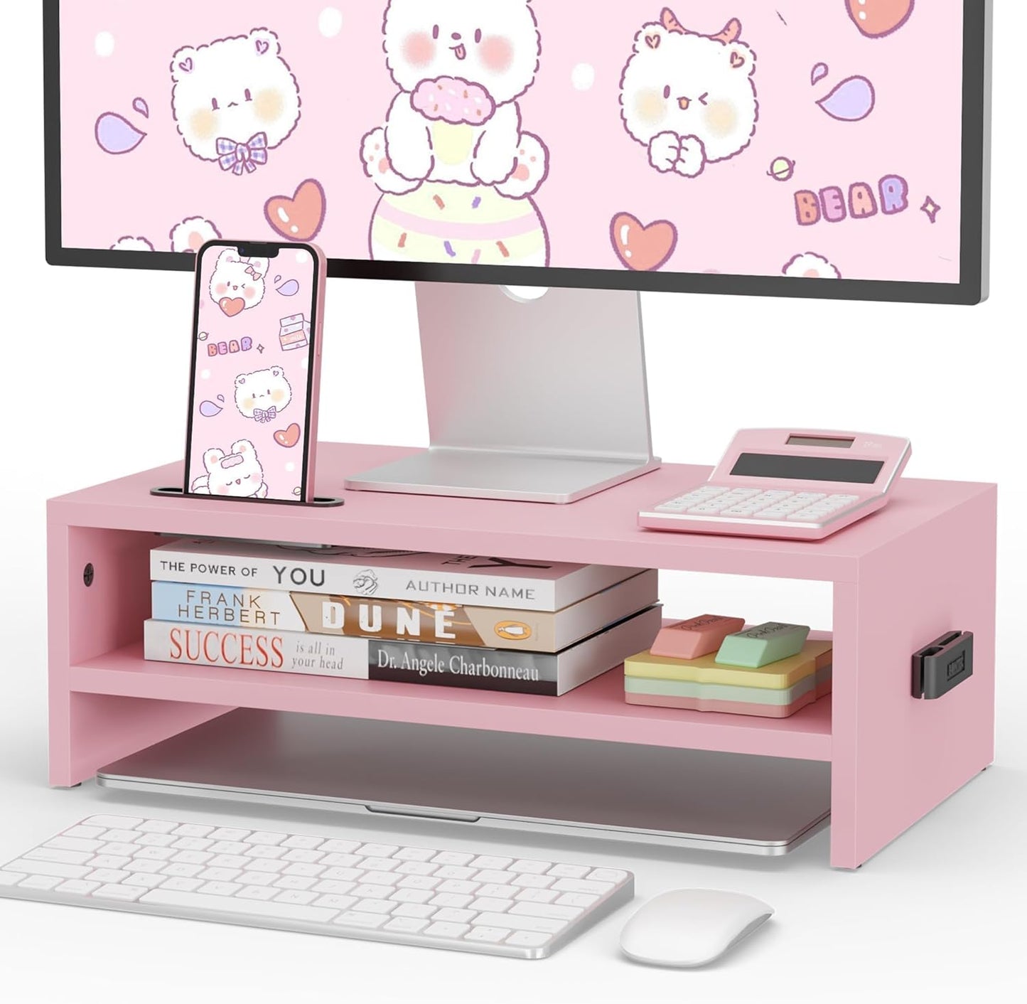 BONTEC Wooden Monitor Stand Riser for Desk, 2-Tier Computer Monitor Stand with Storage, 66 lbs Desk Shelf Organizer, Laptop & Printer Stand with Phone Holder and Cable Management, White, 16.5 Inch