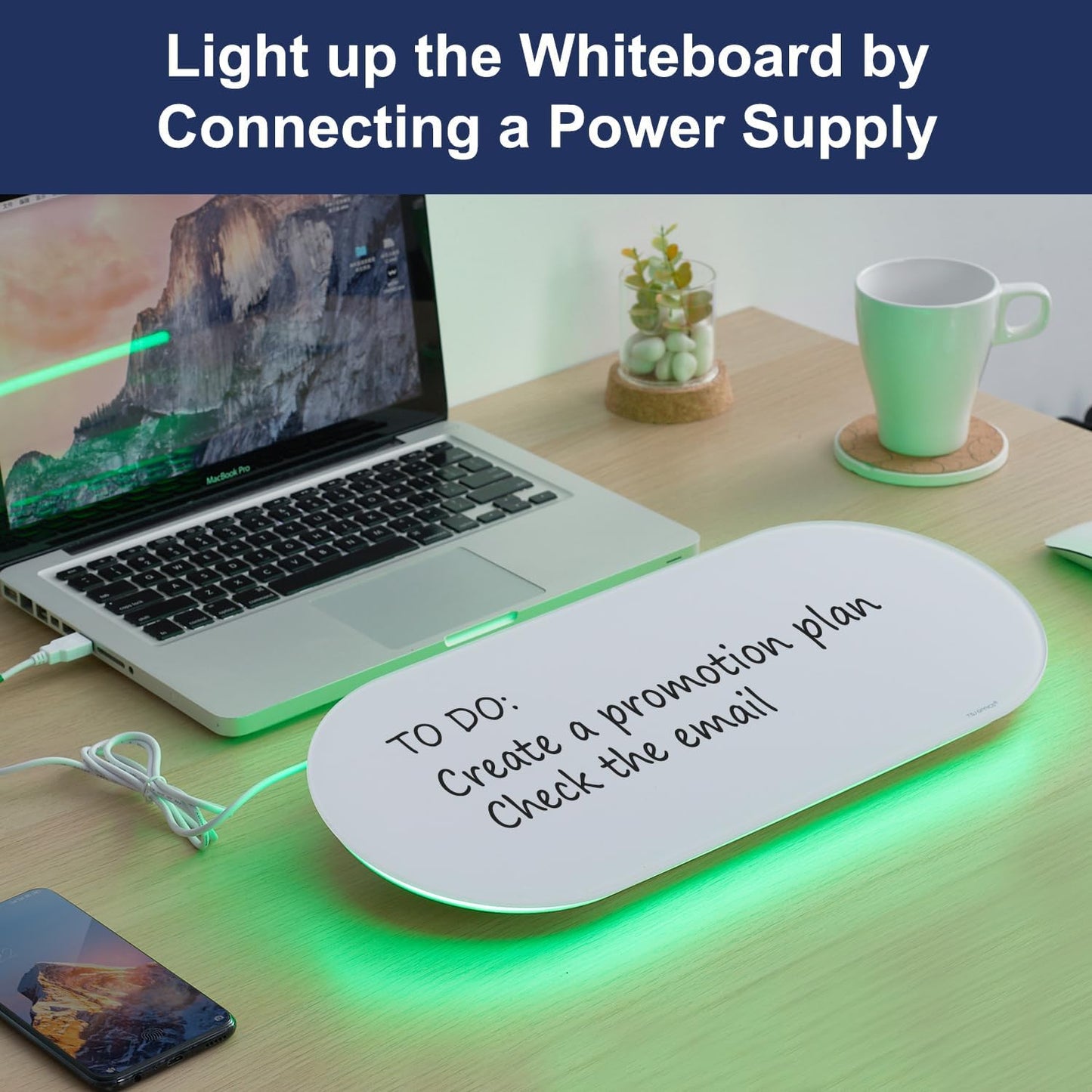 TSJ OFFICE Glass Desktop Whiteboard - 17 X 7 Inches Small Dry Erase Board with Green Light, Black Glass White Board Surface Notepad with 1 Drawer, Desk Organizers for Office, Home, School Supplies