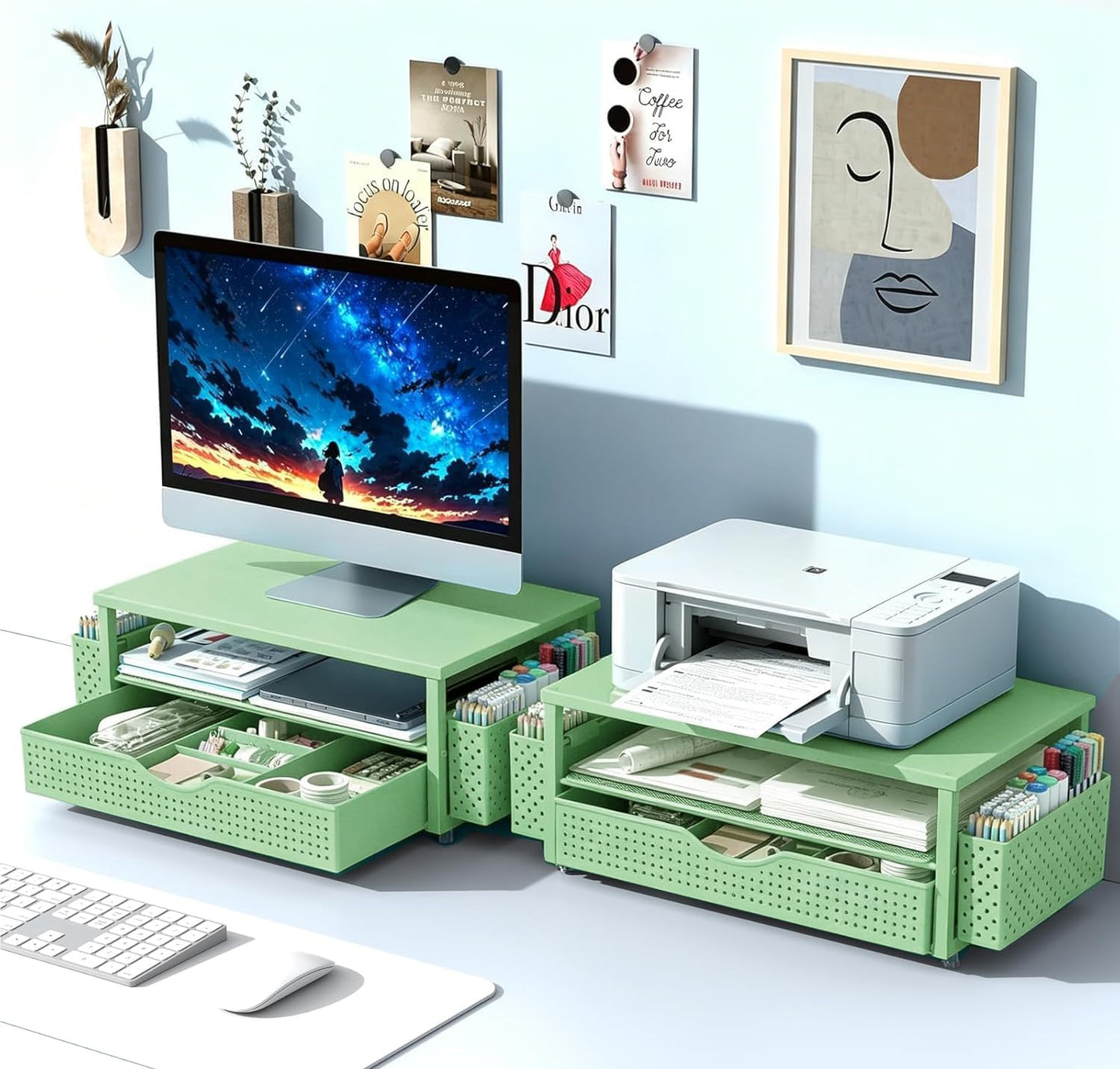 Spacrea Desk Organizer and Accessories, Computer Monitor Stand Riser with Drawer and 2 Pen Holders, Office Desk Accessories & Workspace Organizers for Office Supplies (Wood)