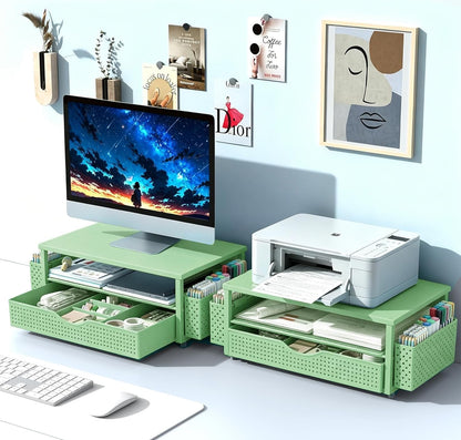 Spacrea Desk Organizer and Accessories, Computer Monitor Stand Riser with Drawer and 2 Pen Holders, Office Desk Accessories & Workspace Organizers for Office Supplies (Wood)