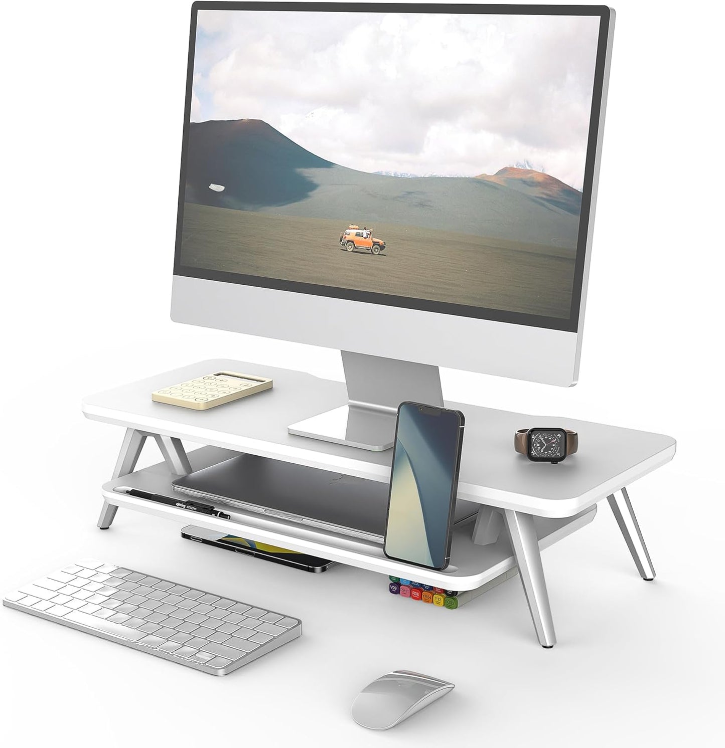 Fenge Dual Monitor Stand, Monitor Stands Riser for 2 monitors, 42.5 Inch Wood Desk Shelf with Storage Organizer and Cable Management for Office Desk Accessories