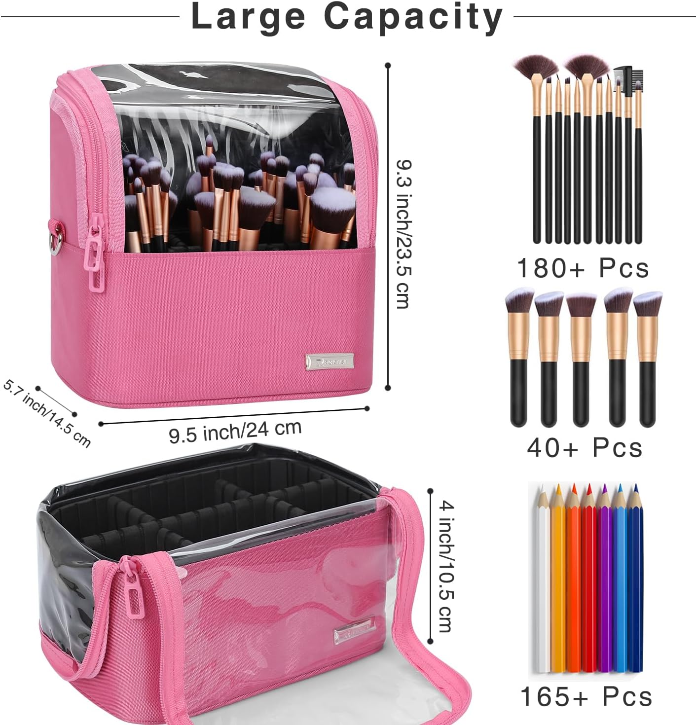 Makeup Brush Bag, Makeup Brush Holder Travel Stand-up Makeup Cup Large Makeup Brush Organizer Case Professional Cosmetic Bag Artist Storage Bag with Adjustable Divider (Large, Black)