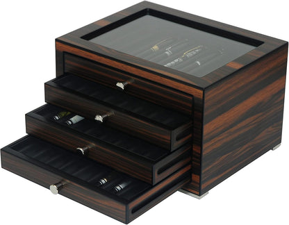 Stackable Wooden Display Case with Drawer – Slot Ebony Pen Cabinet, Luxury Fountain Pen Storage Box with Glass Window for Collection (2)