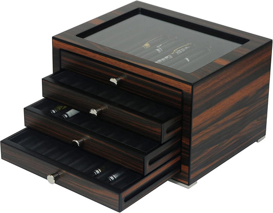 Stackable Wooden Display Case with Drawer – Slot Ebony Pen Cabinet, Luxury Fountain Pen Storage Box with Glass Window for Collection (2)