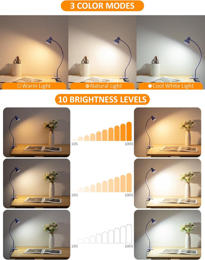 LiFMIRA Clip-on Reading Light - 3 Color Modes, 10 Dimmable Brightness, Eye Care Clamp Desk Lamp with Flexible Gooseneck for Reading in Bed, Desk, Headboard, Computer