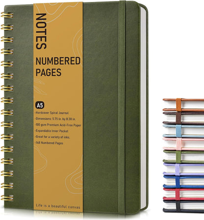 Graph Spiral Journal Notebook, A5 Hardcover Spiral Journals for Women Men, 100 GSM Graph Paper Notebooks, 150 Pages Spiral Bound Grid Notebook for Writing Note Taking Work 5.75" x 8.38" Olive Green