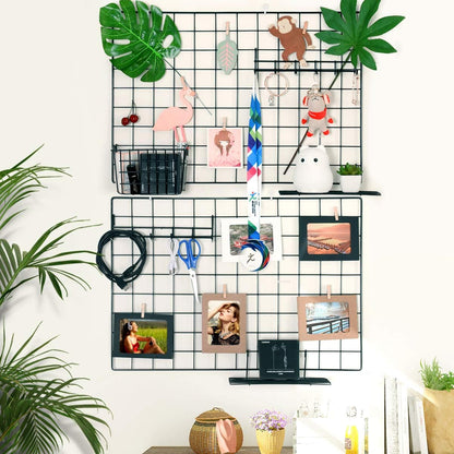 Wall Photo Grid Shelf, Wall Hanging Ins Art Display Grid Panel for Decor & Storage, Metal Wire Notice Boards & Memo Board, Mesh Tool Organiser, Wall Photo Frame 2 Pcs (Black, 15.7 x 31.5 inches)