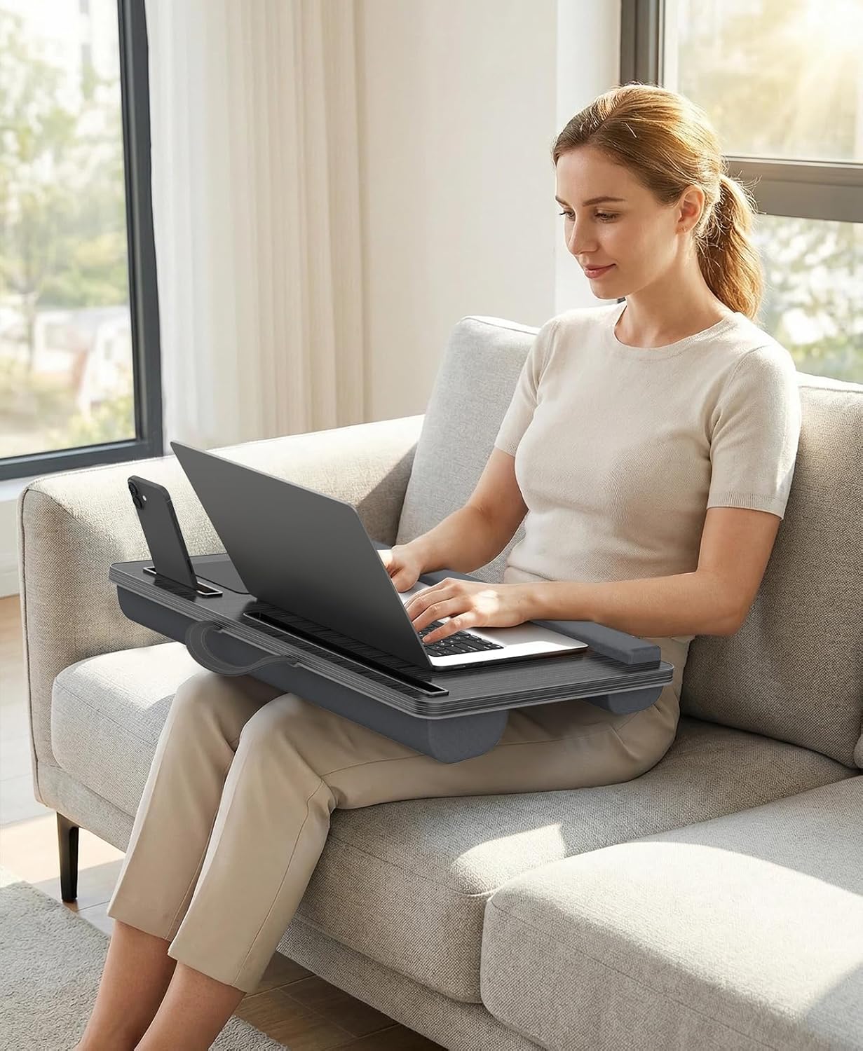 HETTHI Lap Desk with Cushion, Large Laptop Besk Bed, Up to 17" Laptop Tray for Bed with Wrist Rest, 2 Self-Adhesive Mouse Pads, Portable Handle, Tablet Phone Slot (Black)
