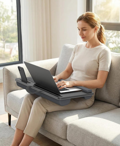 HETTHI Lap Desk with Cushion, Large Laptop Besk Bed, Up to 17" Laptop Tray for Bed with Wrist Rest, 2 Self-Adhesive Mouse Pads, Portable Handle, Tablet Phone Slot (Black)