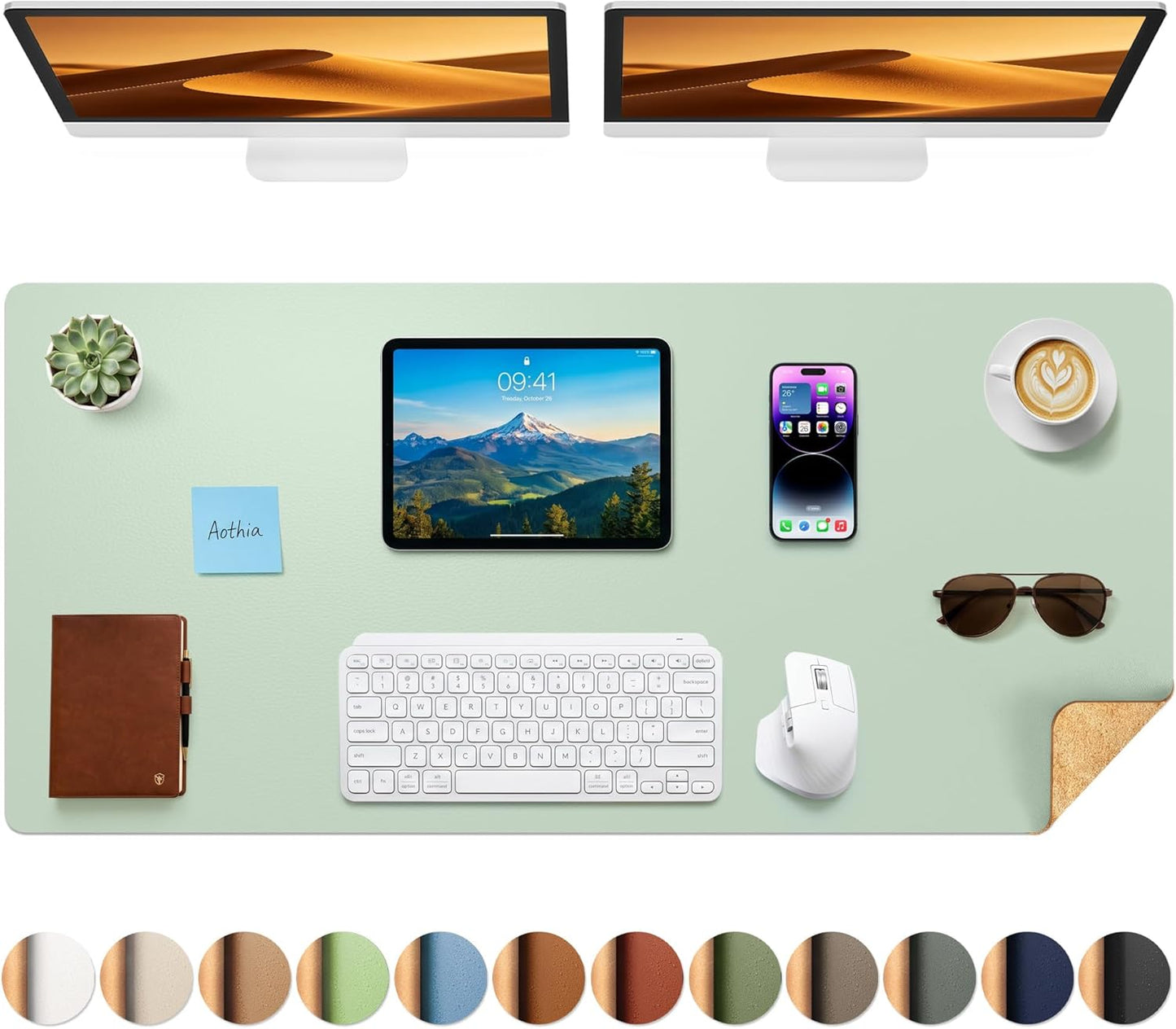 Aothia Dual-Sided Desk Pad - 25.6x13.7 inches Leather Desk Mat, Natural Cork Desk Pad Protector, Large Mouse Pad for Desk, Waterproof Desk Blotter Pad, Desk Writing Pad for Office Work/Home, Black