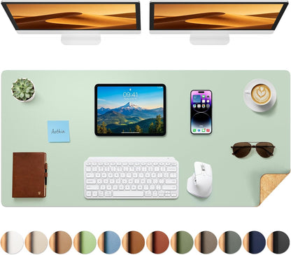 Aothia Dual-Sided Desk Pad - 25.6x13.7 inches Leather Desk Mat, Natural Cork Desk Pad Protector, Large Mouse Pad for Desk, Waterproof Desk Blotter Pad, Desk Writing Pad for Office Work/Home, Black