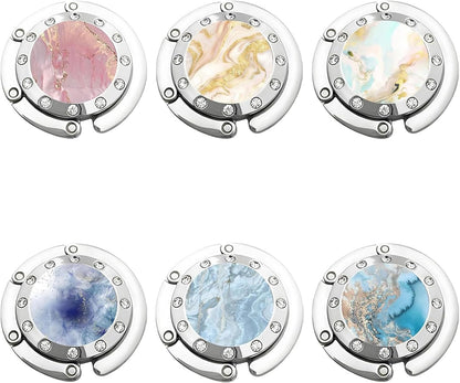 6 Pack Foldable Purse Hooks for Women, Decorative Handbag Hangers with Marble Pattern, Space-Saving Table Hooks for Restaurants, Travel, Home & Office(Marble Pattern)