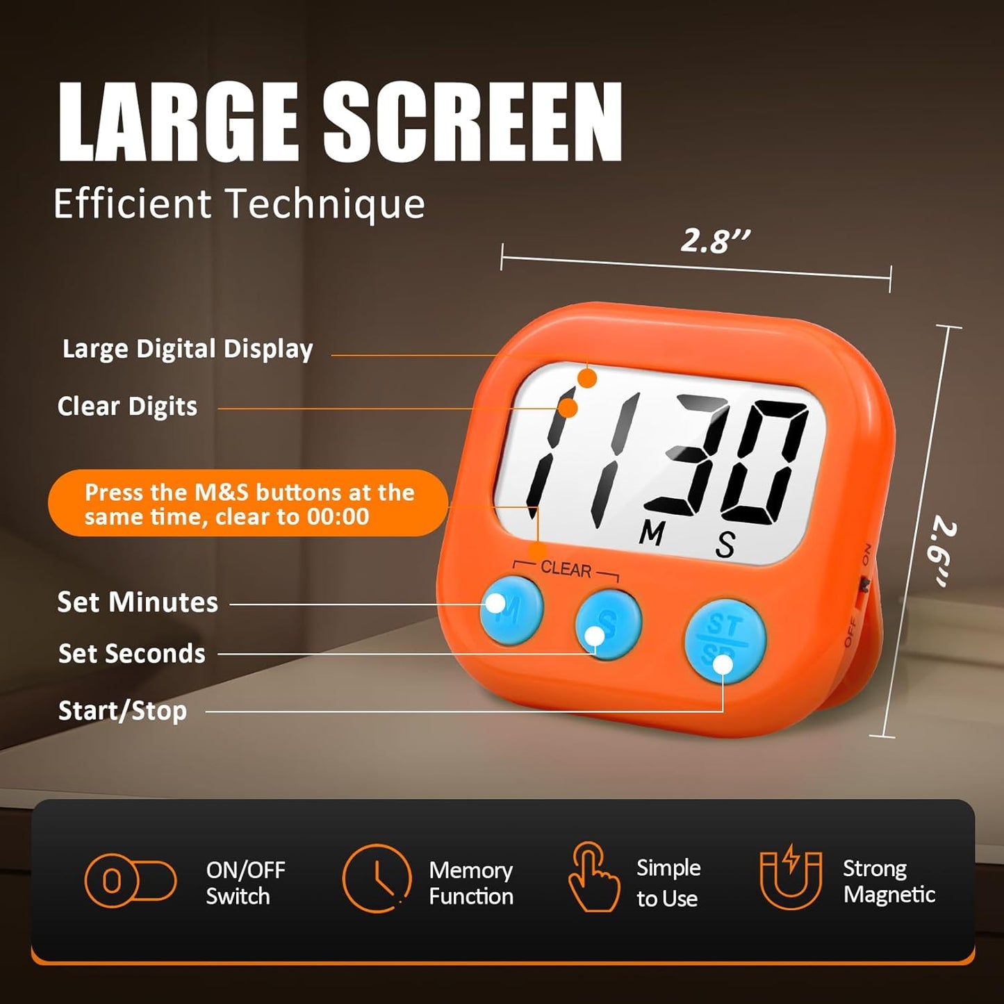 2 Pack Digital Kitchen Timer for Cooking Big Digits Loud Alarm Magnetic Backing Stand Cooking Timers for Baking White