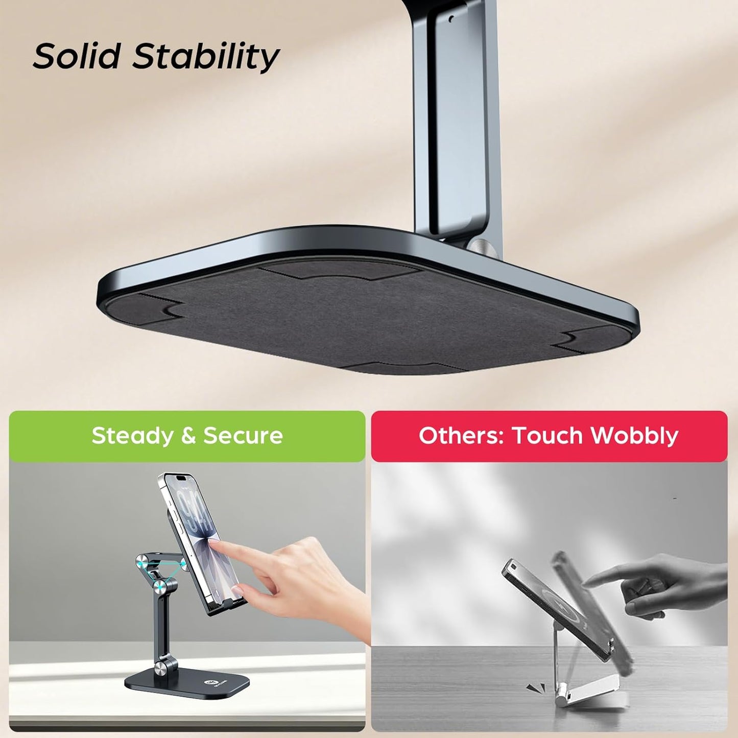 OCYCLONE Phone Stand, Cell Phone Stand Holder for Desk Office Accessories Adjustable Height and Angle Foldable iPhone Stand Compatible with 4"-13" All Phones iPad Tablet - Black