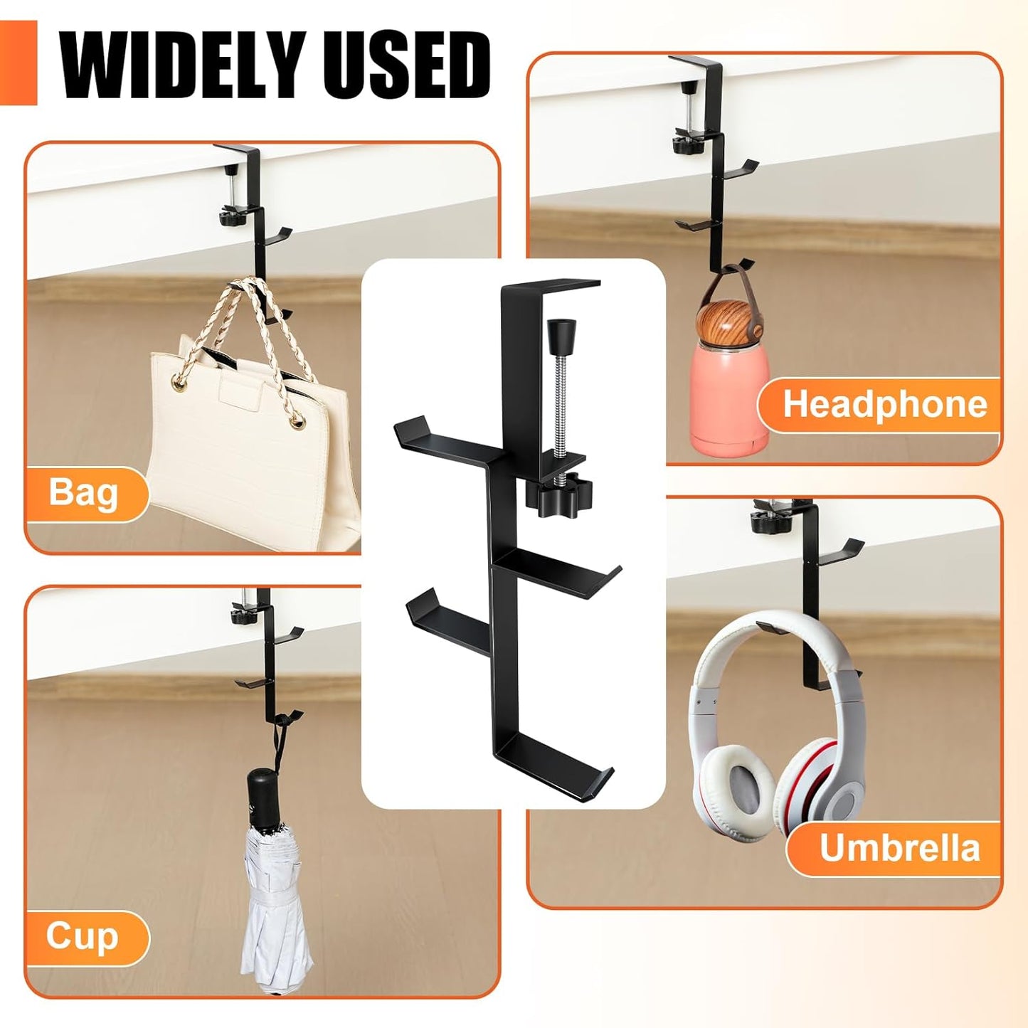 MorningRo 4 Tier Desk Hook, Under Desk Handbag Hanger Purse Hook for Table,Backpack Hanger Purse Holder for Desk Mount Adjustable Can Hook Bags, Umbrellas, Keys,Cups, Headphone Holder