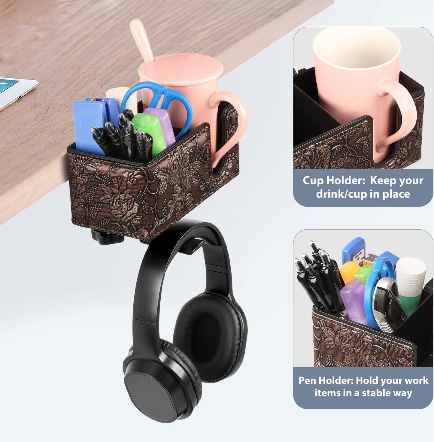 Desk Cup Holder Clip on Pen Holder Headphone Hanger Headset Stand Rotatable Clamp Hook Under Desk (Black)