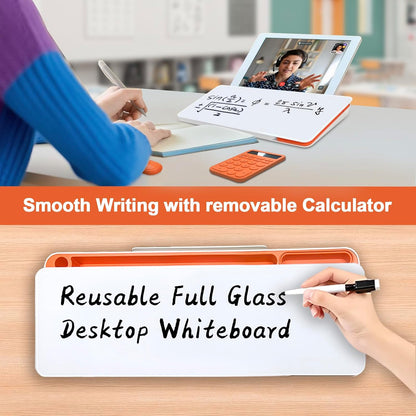 Desk Whiteboard Dry Erase Glass Desktop Whiteboard with Calculator, Desk Board with Keyboard Stand for Office or School
