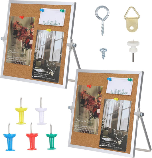 2 Pack Cork Board Desk Bulletin Board, 9.8"×9.8" Double Sided Pin Small Desk Cork Boards with Stand for Desktop Suitable with 10 Push Pins for Home, Office, Desks Message or Picture Boards
