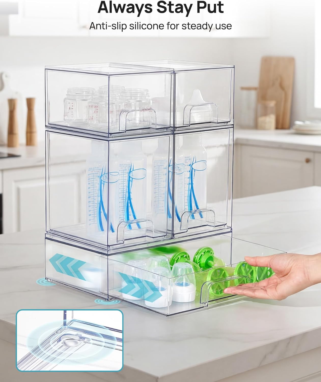 Vtopmart Stackable Storage Drawers Set of 3,Clear Plastic Organizer Bins for Makeup, Cosmetics, Beauty Supplies,Ideal for Vanity, Bathroom,Cabinet,Pantry Organization