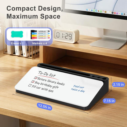 WALGLASS Small Desktop Whiteboard with Storage, Glass Desk Dry Erase White Board Computer Keyboard Stand with Drawer, Desk Organizers with Accessories for Office, Home, School Supplies White
